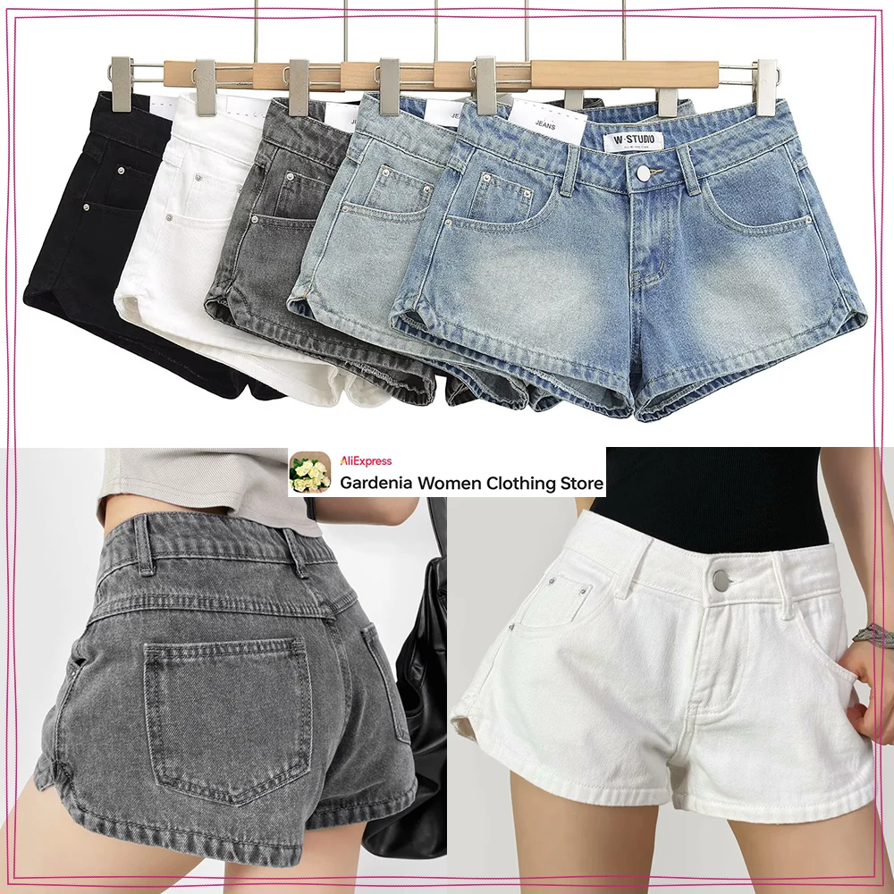 

Женские стильные джинсовые шорты с низкой талией и боковым разрезом по подолу, повседневный летний наряд, сексуальные шорты-ковбойки с петлями на поясе и карманами