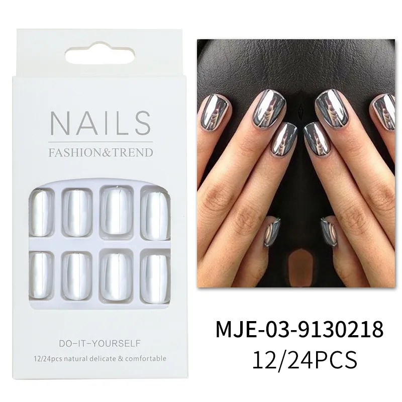 เล็บปลอม 24 ชิ้น รุ่น 2026 สีเงิน สีทอง เงาเมทัลลิก เล็บปลอมราคาถูก ติดเองได้ เล็บปลอมเหมือนจริง ชุดเล็บปลอมกดติด