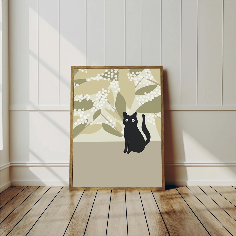 Abstract Black Cat Drawing Poster Cute Cats Pop Illustration Prints Canvas Painting Aesthetic Wall Art Pictures Home Room Decor