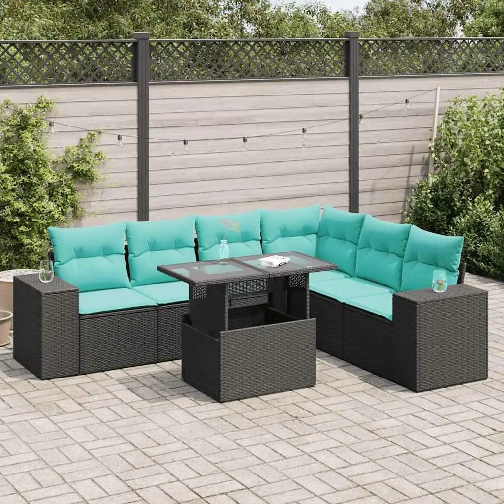 

10 Piece Outdoor Patio Sofa Set With Cushions Black Rattan and Acacia Wood Garden Furniture