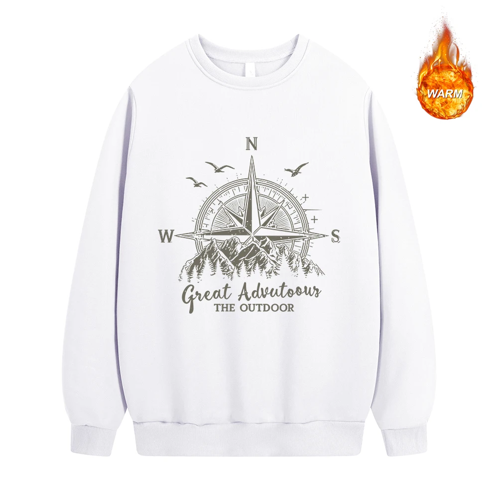 Men’s Spring And Autumn Warm Sweatshirt Vintage Compass Print Crew Neck Stylish Casual Pullover For Daliy Commute And Running