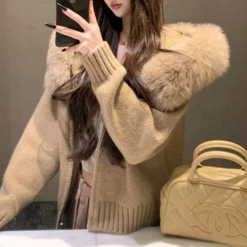 Women Faux Fur Hooded Knit Cardigan Zip Up Cropped Sweater Jacket Fuzzy Faux Fur Collar Knitted Outerwear Winter Warm Coat