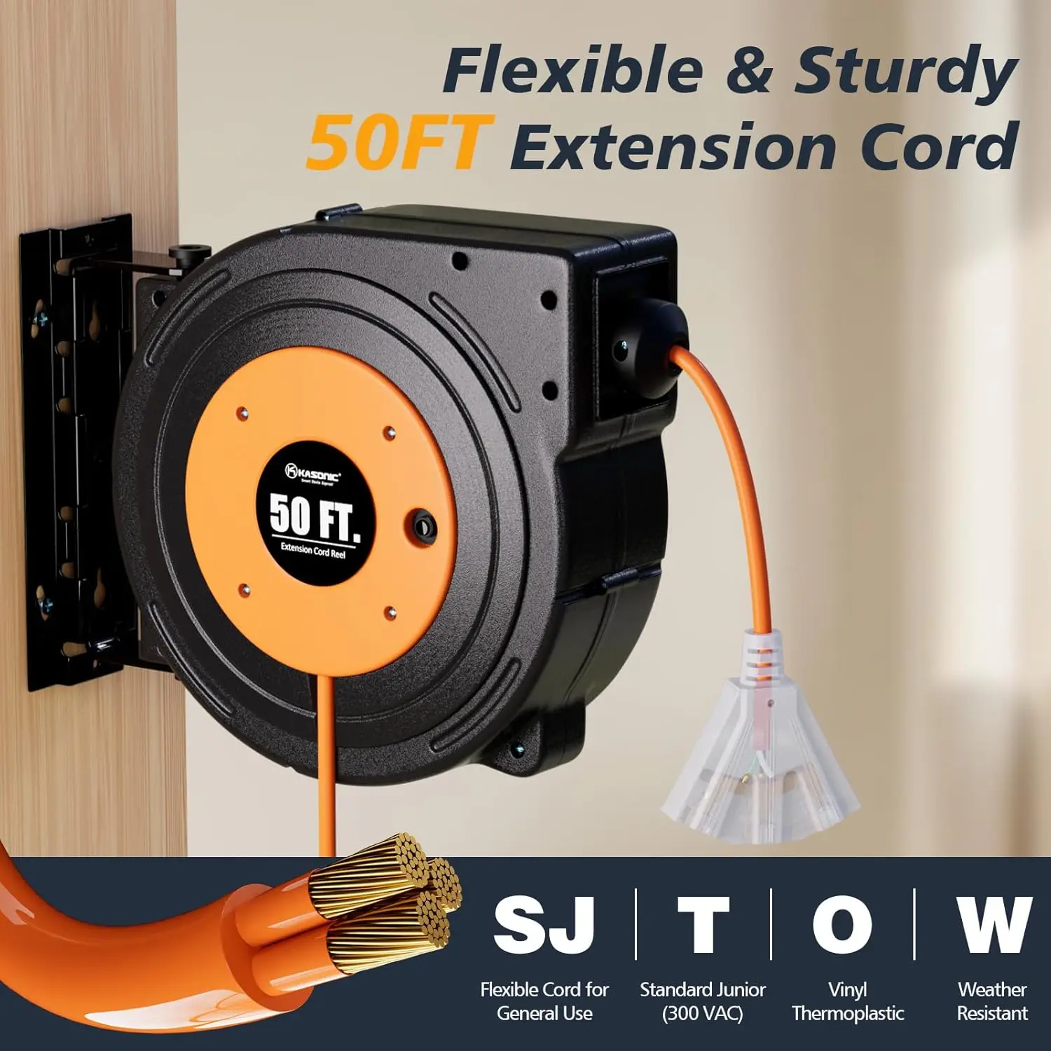 50 FT Retractable Extension Cord Reel, UL Listed, 14AWG/3C SJTOW Heavy Duty Power Cord, 3 Grounded Outlets , 13 Circuit Breaker