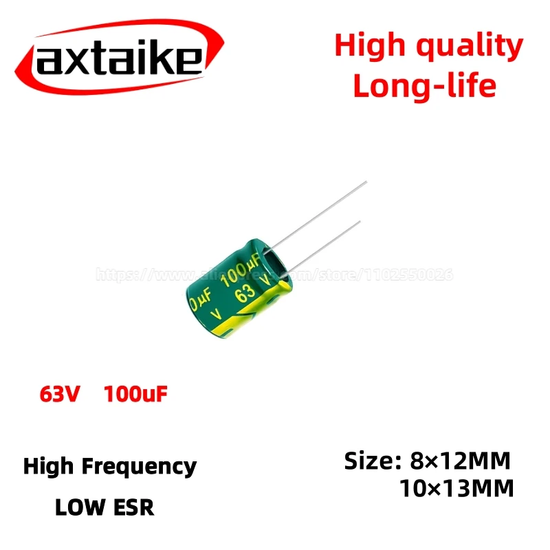 

50PCS 63V100uF Aluminum Capacitor, High Frequency Low ESR 105°C Radial for Power Supply Long-life 8×12MM 10×13MM