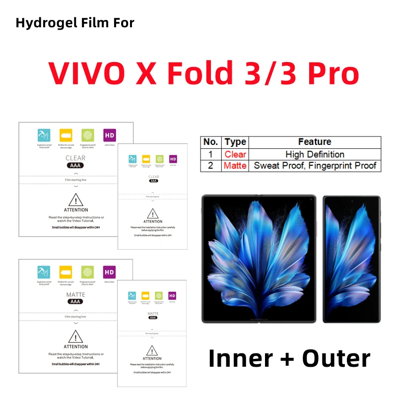 

Inner + Outer Matte Hydrogel Film For VIVO X Fold3 Pro Clear Protective Film Folding Phone VIVO X Fold3/3pro HD Screen Protector