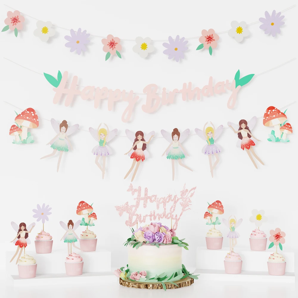 1pc 花の妖精のテーマの装飾エルフプルフラグケーキトッパー女の子ハッピーバースデーウェディングパーティーの装飾ベビーシャワー用品