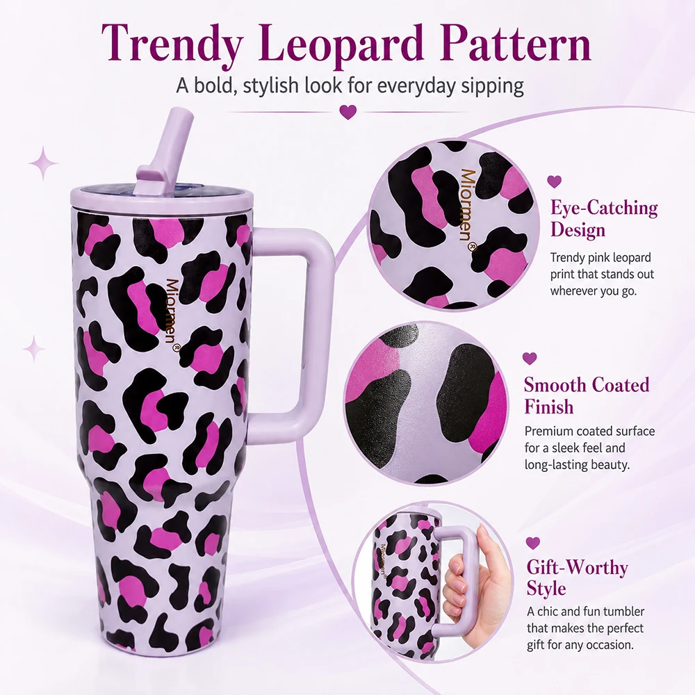 Leopard Print Tumbler 40oz Stainless Steel Vacuum Insulated Travel Mug with Handle Portable Water Cup for Car Travel Sports Gym