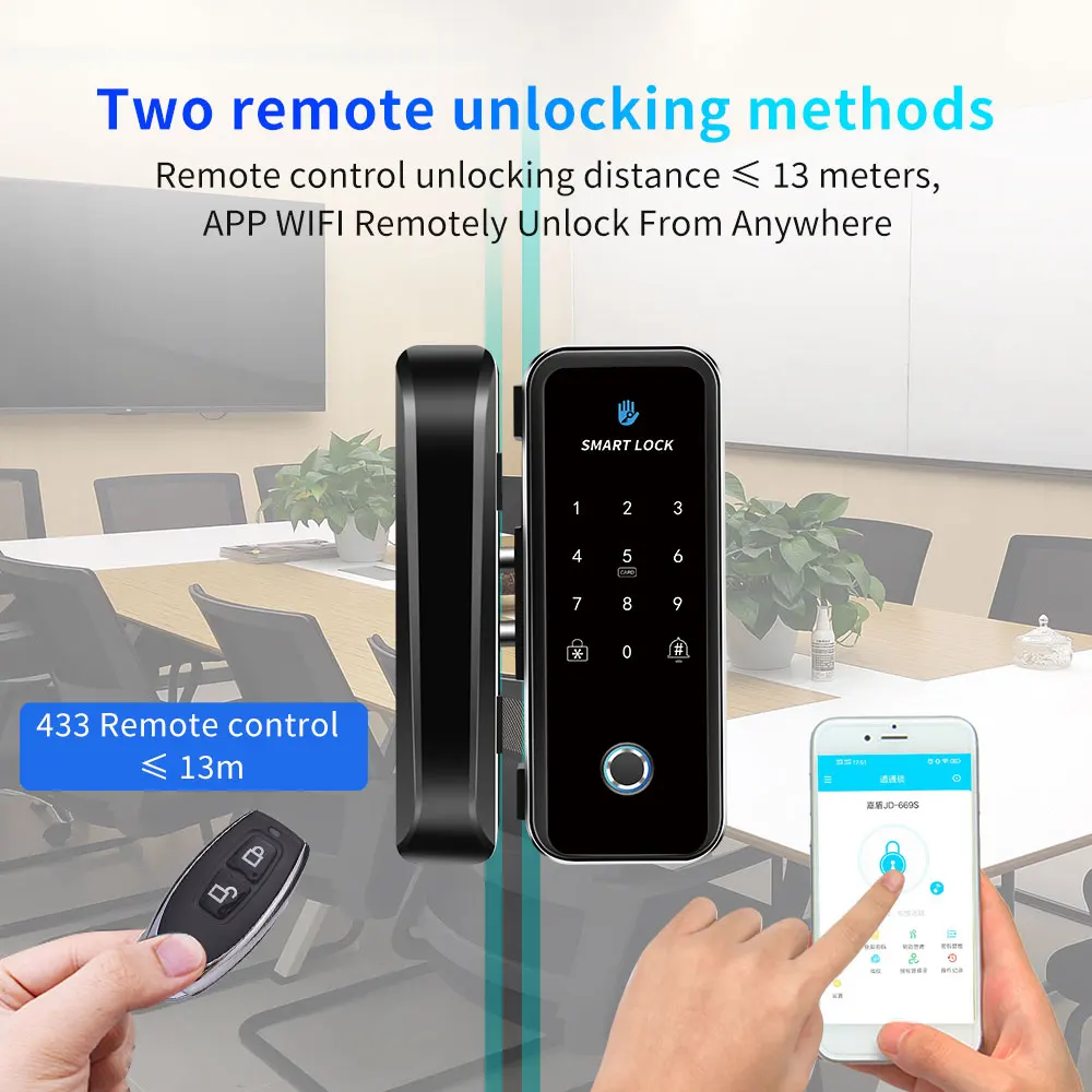 TTLOCK App WIFI Smart Lock Office Fingerprint Glass Door Lock Digital RFID IC Card Frameless or Framed Manufacturer Direct Sales