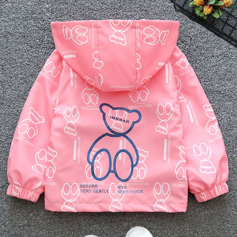 2 3 4 5 6 8 10 12 Years Girls Jacket Spring Autumn New Cartoon Bear Print Hooded Windbreak Coat For Kids Leisure Outwear