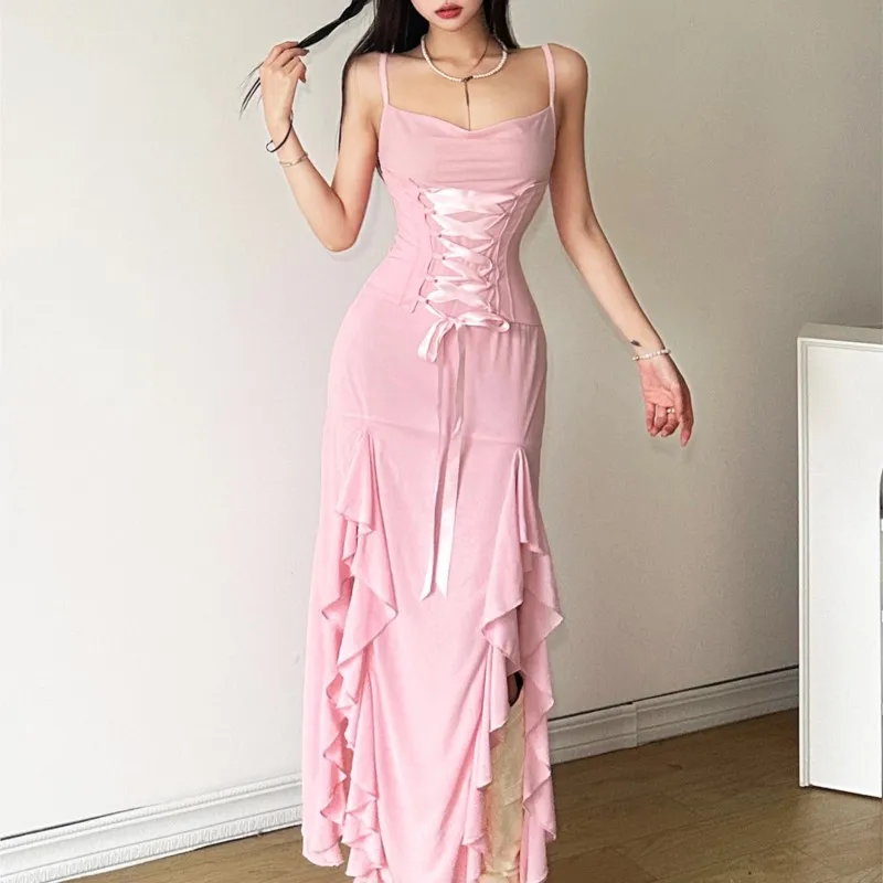 Tea Break Ruffled Light Canopy Girl Pink Lace-up Waist Slimming Figure Slip Dress Women