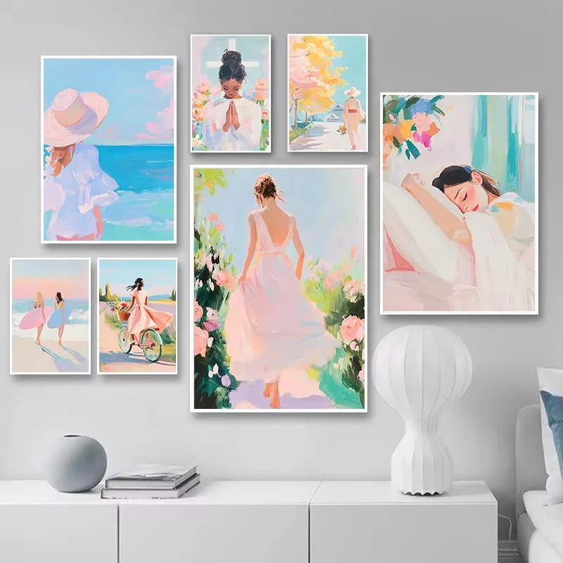 French-Style Soft and Relaxed Girl's Vacation Poster  Pink Floral Botanical Travel, Hiking, Prayer Canvas Art Home Room Decor