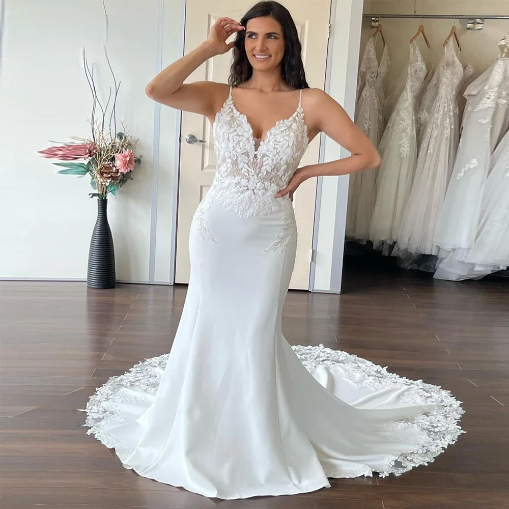 

Гламурные свадебные платья с открытой спиной по индивидуальному заказу для женщин, свадебные платья с v-образным вырезом на тонких бретельках, сексуальное платье русалки Vestido de Novia