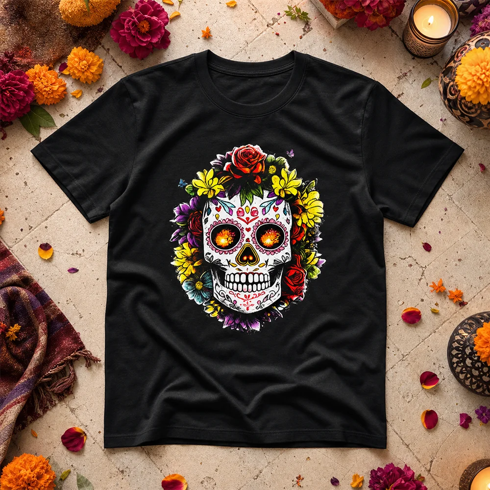 Unisex Gothic Day of the Dead Short Sleeve T-Shirt Breathable Sugar Skull Marigold Floral Parent-Child Tee Punk Festive Clothing