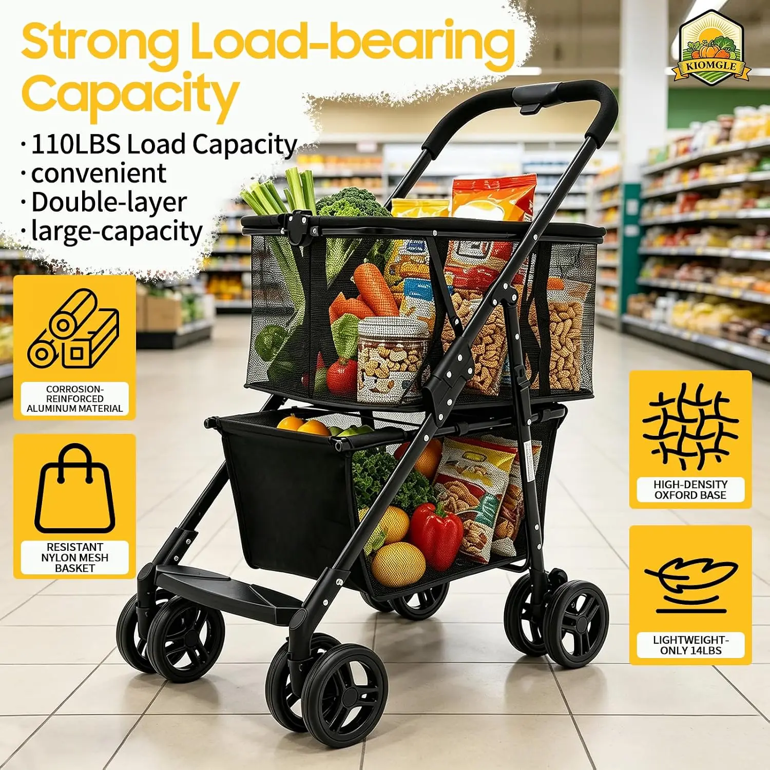 Upgraded Folding Shopping Cart, 110lbs Heavy Duty Grocery Cart Portable Multi Use Grocery Carts Aluminum Removable Tote Bag Cart