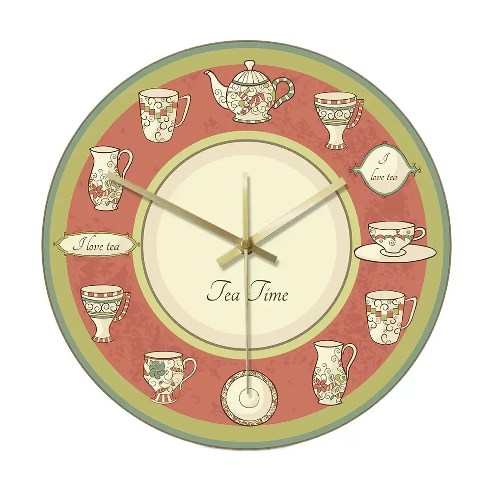 Vintage European Tea Time Wall Clock Silent Quartz Watch Teapot Teacup Design Kitchen Dining Room Decor Tea Lover Gift