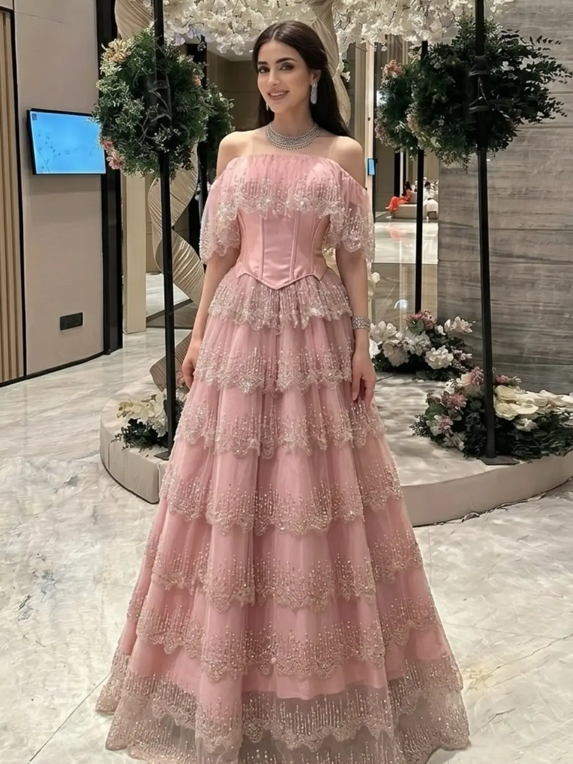 Off Shoulder Puff Sleeve Boned Corset Bodice Multi Layer Beaded Lace Tiered Tulle A Line Evening Dress Formal Banquet Gala Gown