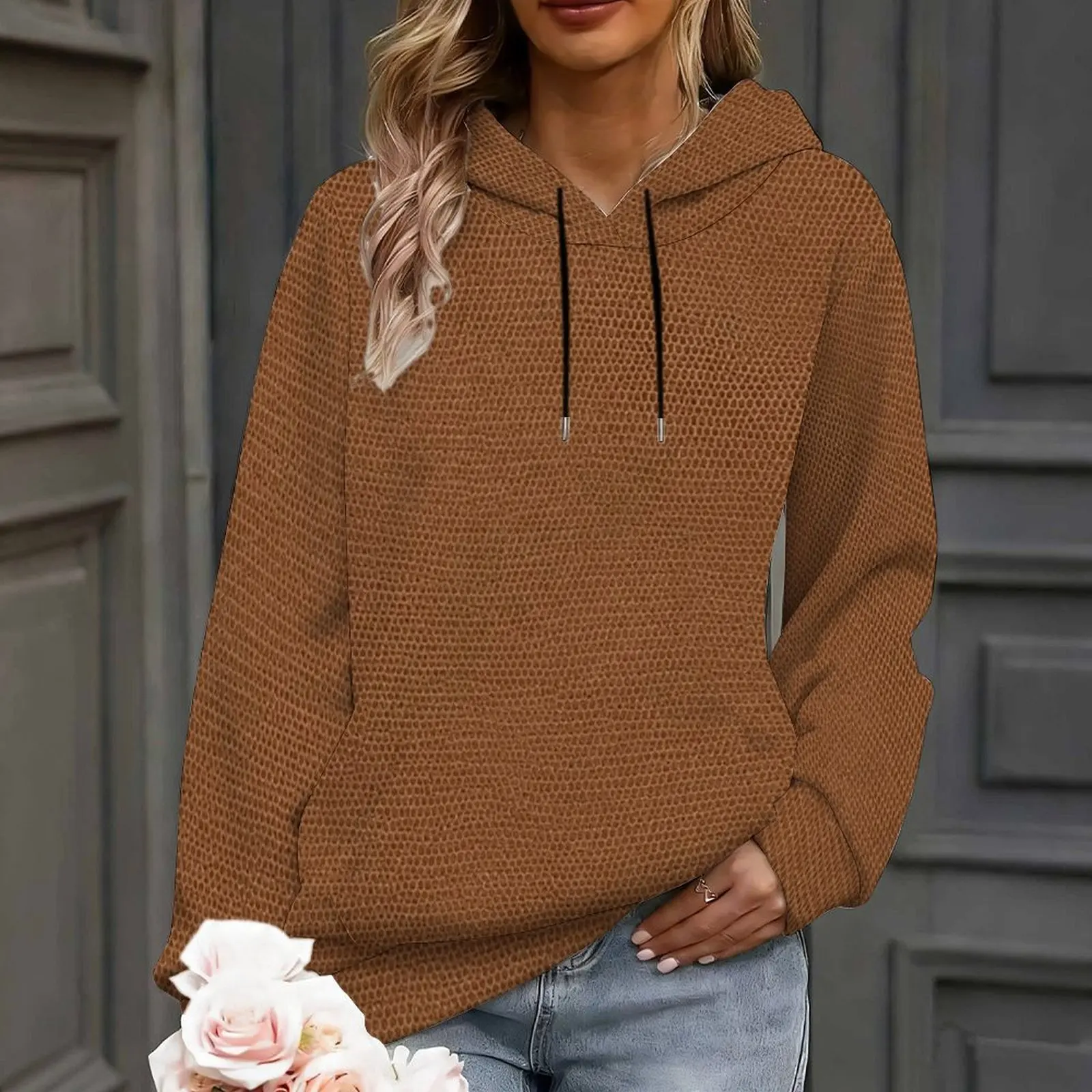 Women Brown Allover Small Dot Printed Long Sleeve Drawstring Hood Pullover Hoodie with Kangaroo Pocket