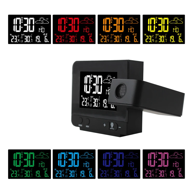 Weather Station Projection Clock 8 Color Cycling Backlights With Wireless Sensor Calendar Temperature Time Display Charging