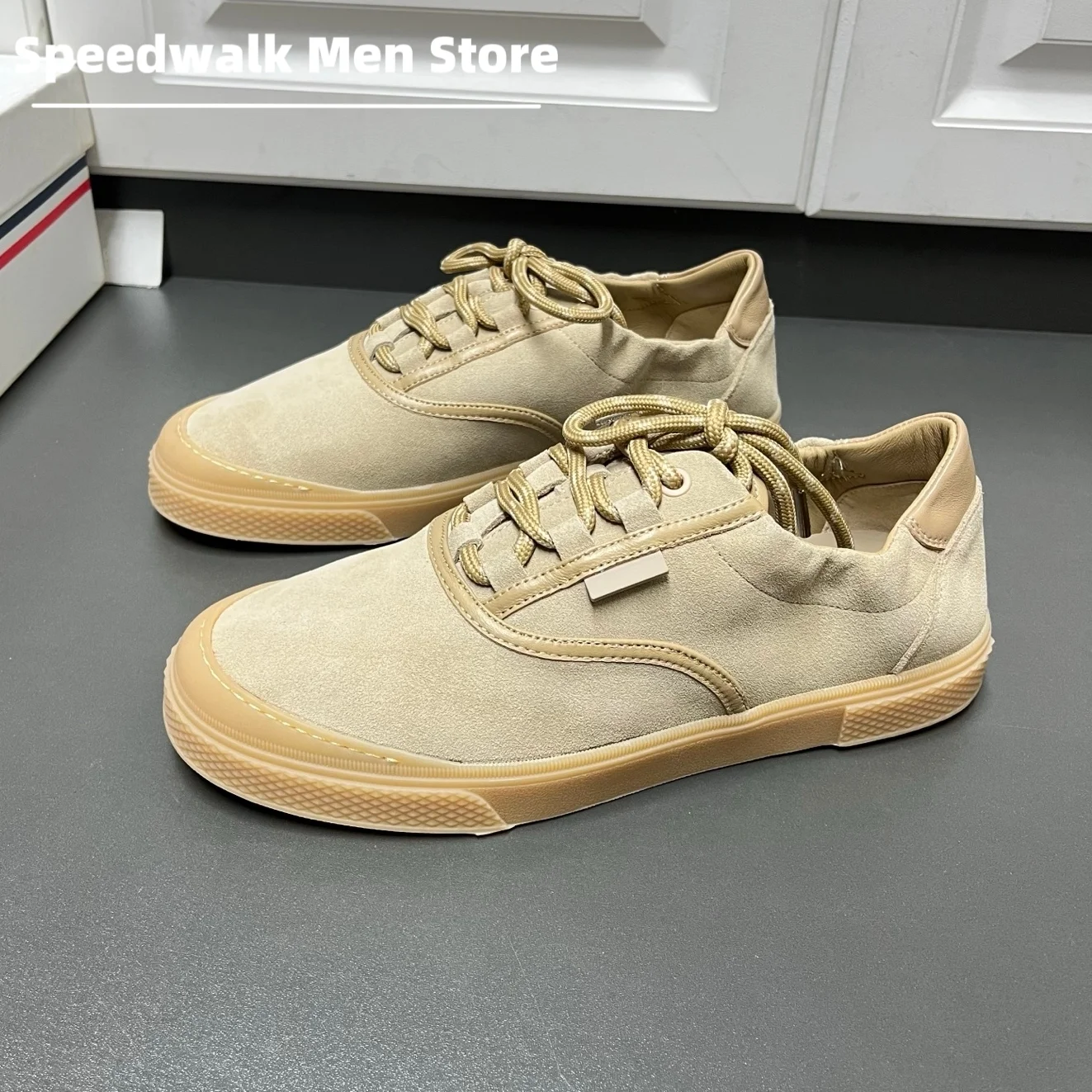 2026New Men Suede Leather Canvas Patchwork Skate Shoes Lace Up Flat Non Slip Casual Walking Sneakers Daily Street Footwear