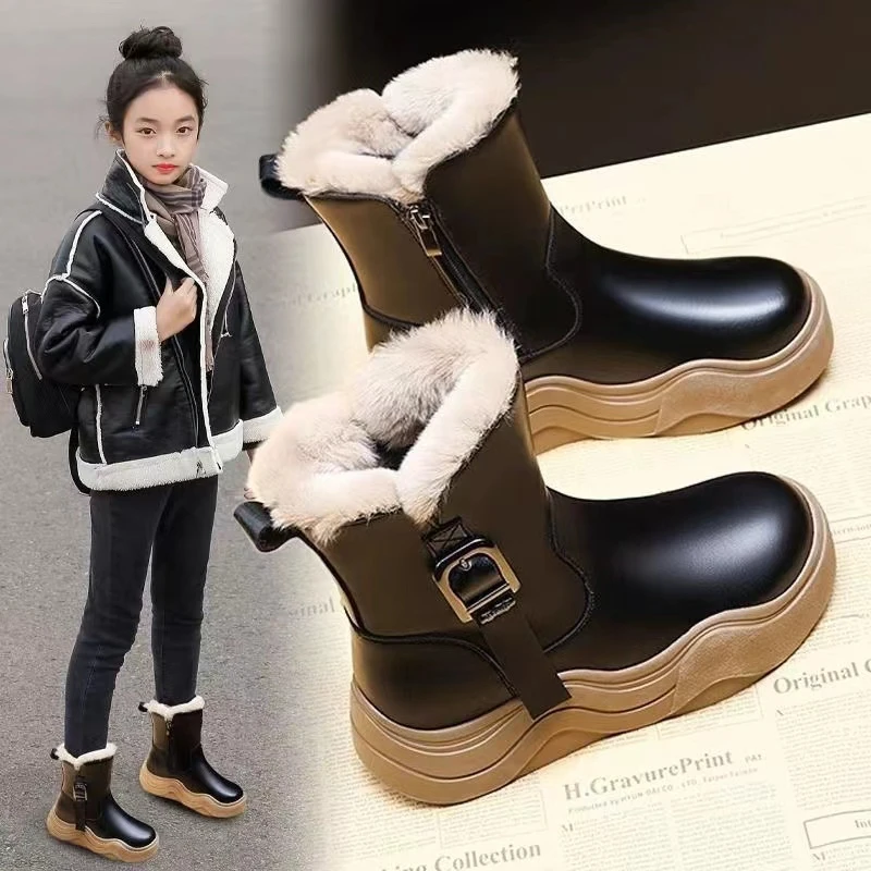 

Детские ботинки из искусственного меха для девочек, новинка 2023 года, зимние детские ботильоны с плюшевой подкладкой, нескользящие дышащие ботинки для девочек