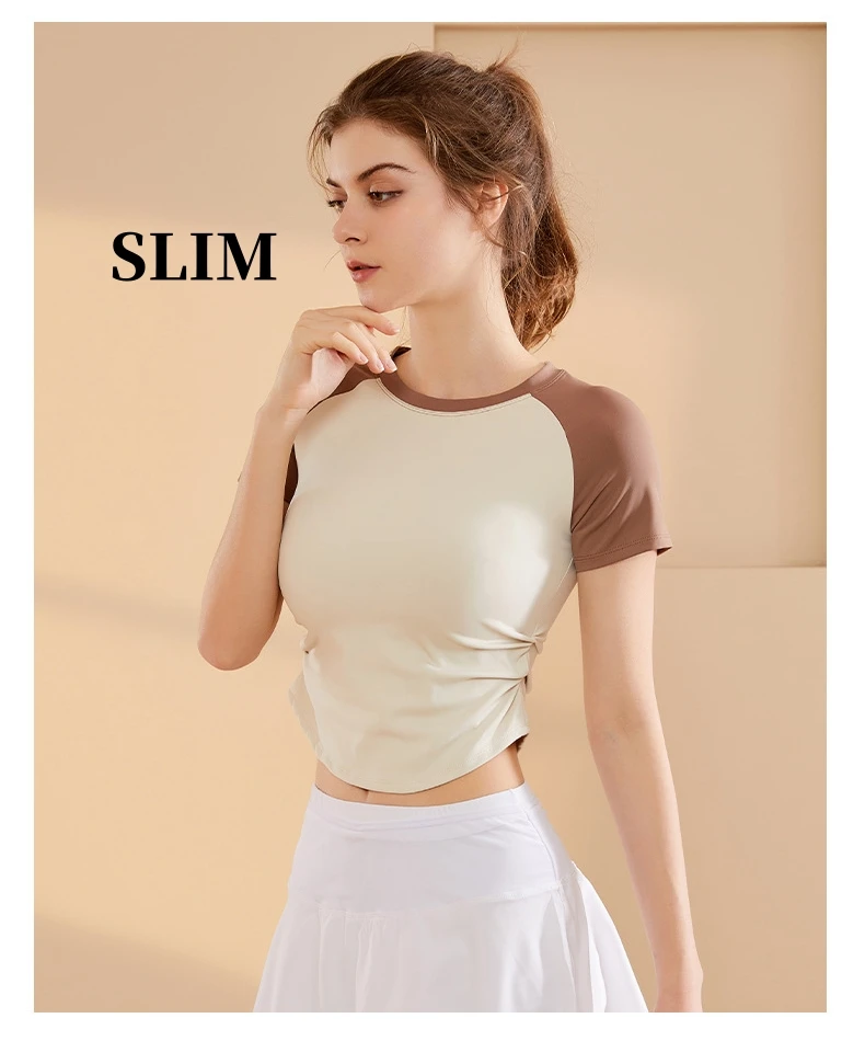 Yoga Clothing Women Stretch Nude Tight Short Sleeve Clashing Arc Hem T-Shirt Slim Running Sports Fitness Tops Slim Ruched Gym