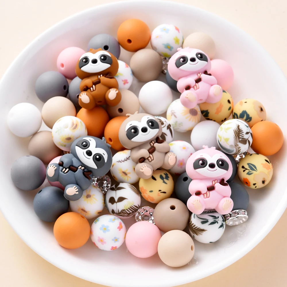 28Pcs Animal&Round Silicone Bead Set Sloth Shaped Beads For Handmade Pacifier Chains DIY Jewelry Making Accessories Baby Toys