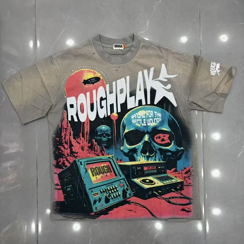American Retro Distressed Vintage Trend Men's Women's Rough Play Top High Street Hip Hop Letter Print Short Sleeves Stock