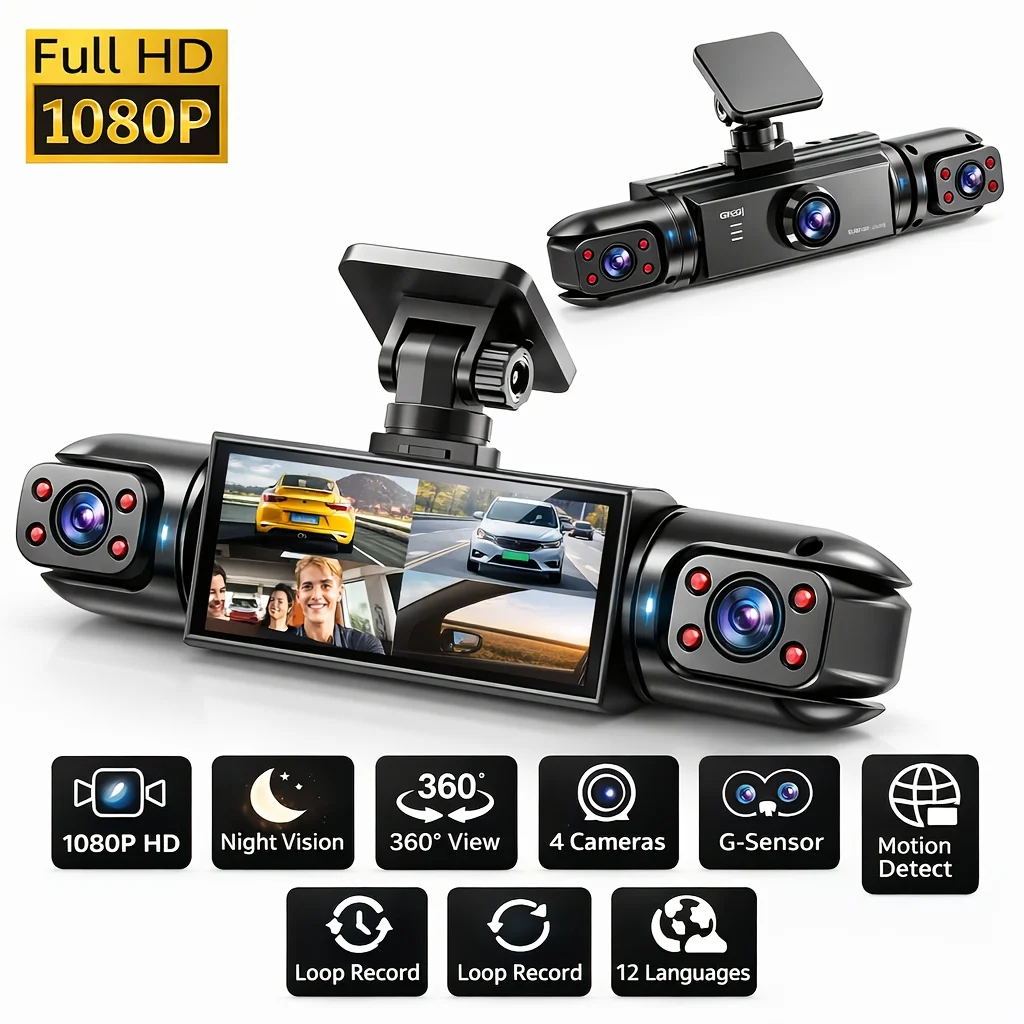 Four-camera HD Dash Cam | 360° View + 3.6-inch Screen, Infrared Night Vision with Dynamic Lock Exposure, Loop Recording, Collision Lock, And Parking Detection