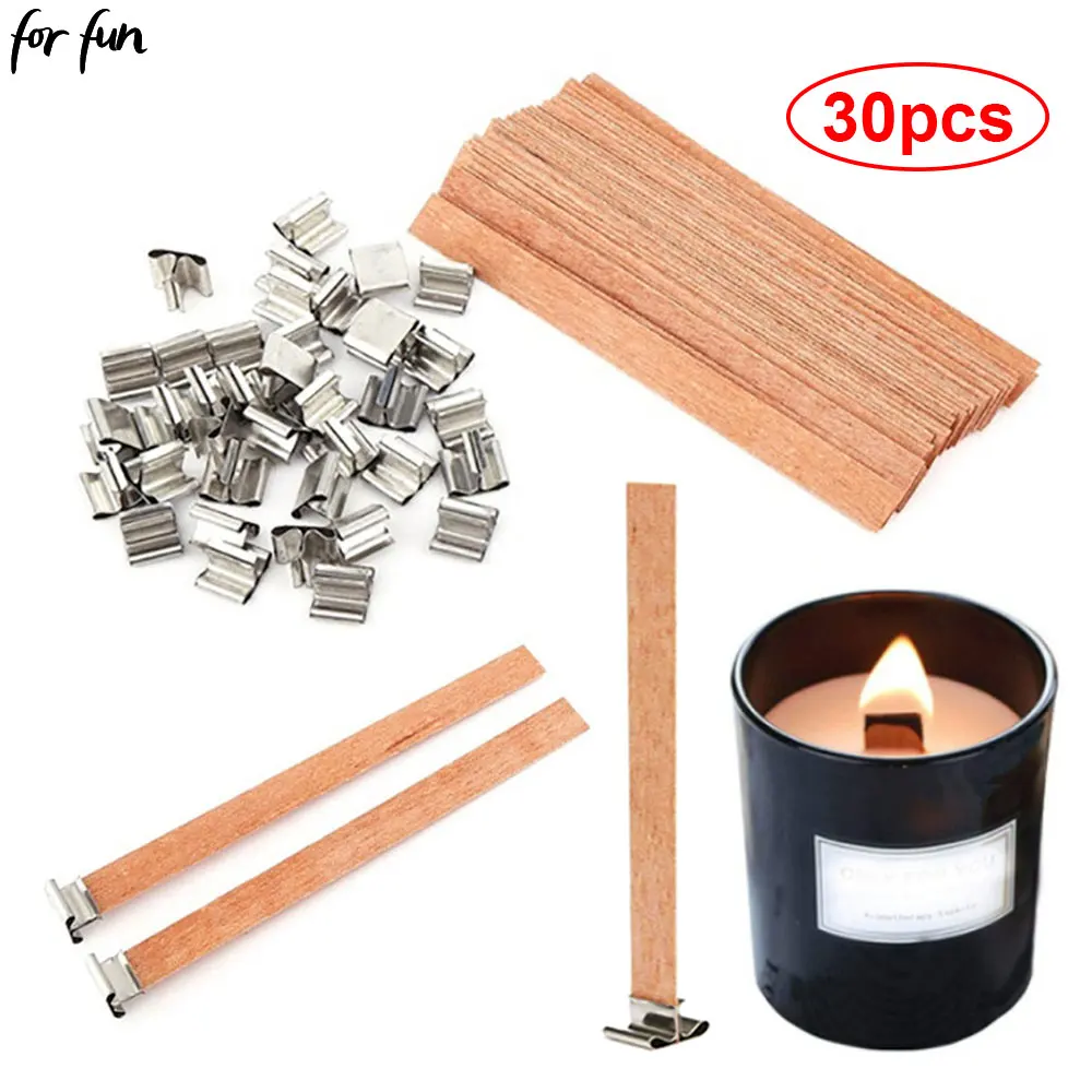 For fun 30pcs Wooden Candle Wick With Clip Base Craft Wicker Paraffin Beeswax Burning Smokeless Wick Candle Making Supplies