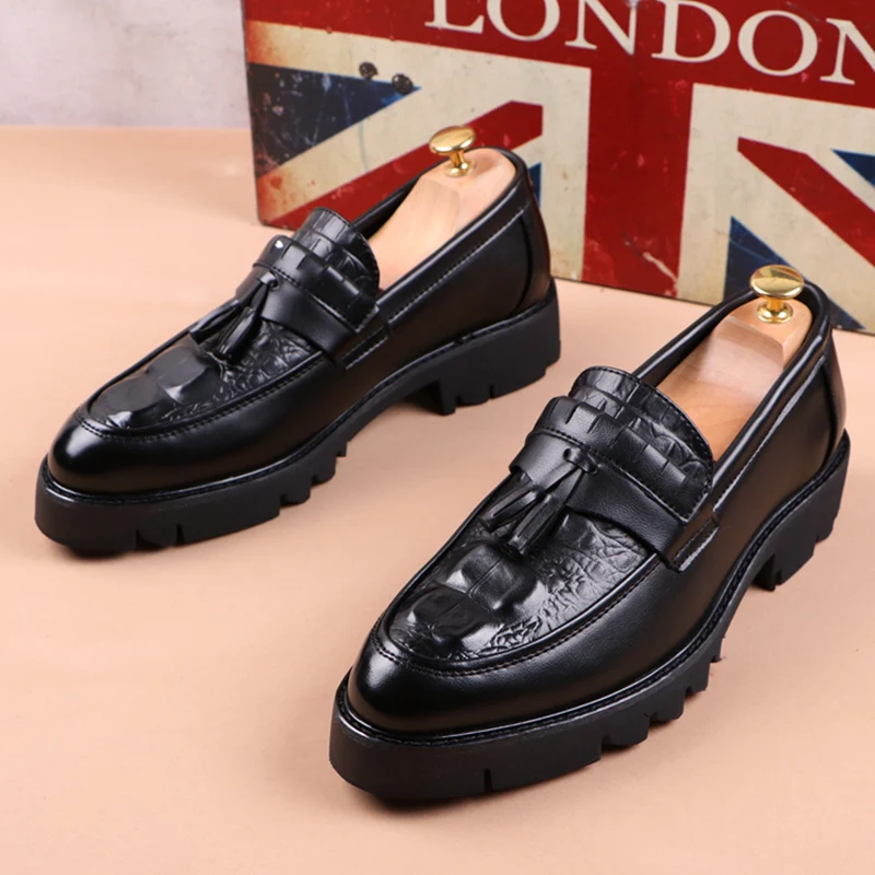 men fashion party nightclub wear genuine leather tassels shoes slip on driving shoe black tide breathable platform loafers mans