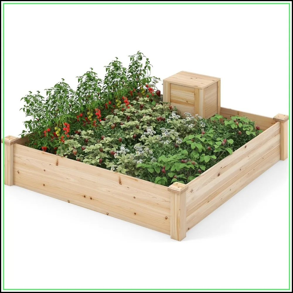 

Raised Garden Bed 49"x49"x10" Wood Planter Box with Compost Bin & Open Bottom for Vegetables, Flowers, Herbs
