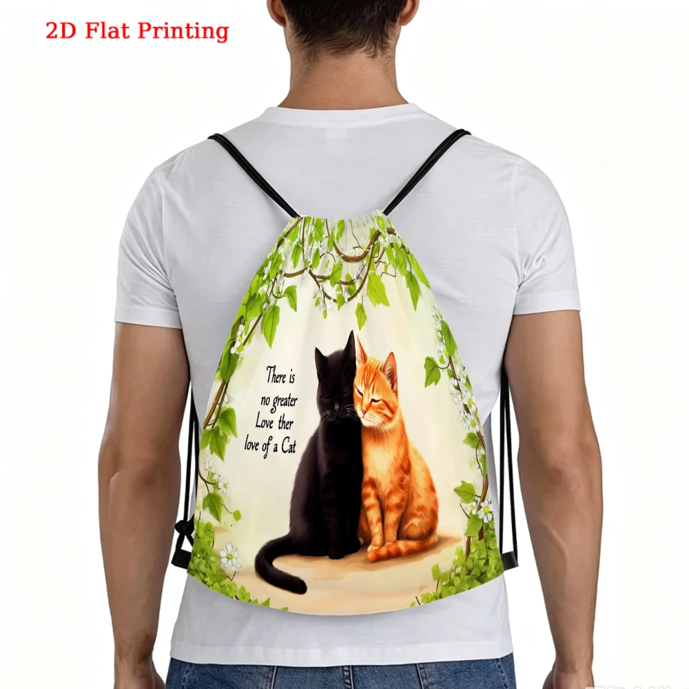 Cute Cat Pattern, Drawstring Backpack, 2D Flat Printing Cats Design, Gym Sports Bag, Outdoor Travel Cinch Sack