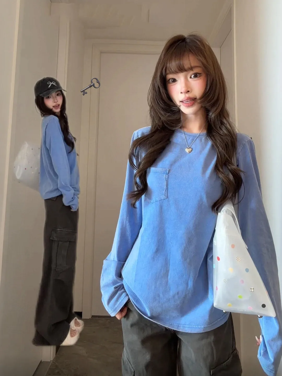 Washed Blue Long Sleeve T-Shirt Women's Autumn Base Shirt High Knowledge Small Capitalist Top American Retro Fried Salt Pocket