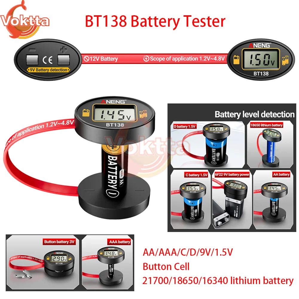 18650 Lithium Battery Capacity Tester Positive and Negative Battery Level Detector AA/AAA/C/D/9V/1.5V Button Cell Battery Tester