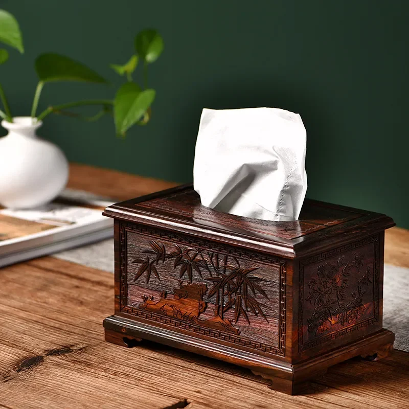 Luxury Red Rosewood Solid Wood Tissue Box Chinese Retro Style Creative Desktop Napkin Holder for Living Room Home Decor
