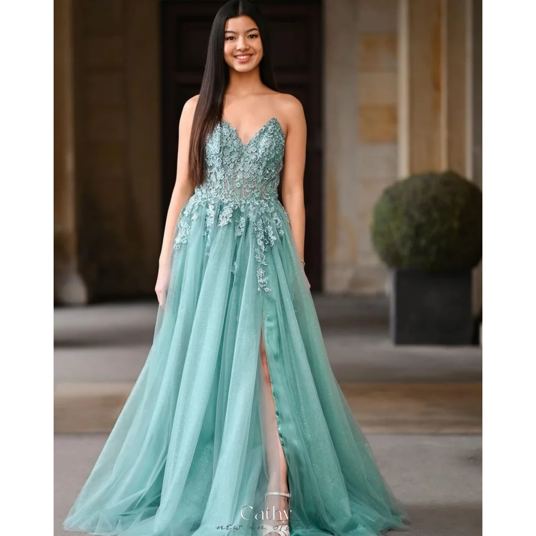 Cathy Cyan Flowers Embroidery Side Slit Wedding Dresses Strapless Sleeveless vestidos de noche Mesh Fabric Formal Evening 2024