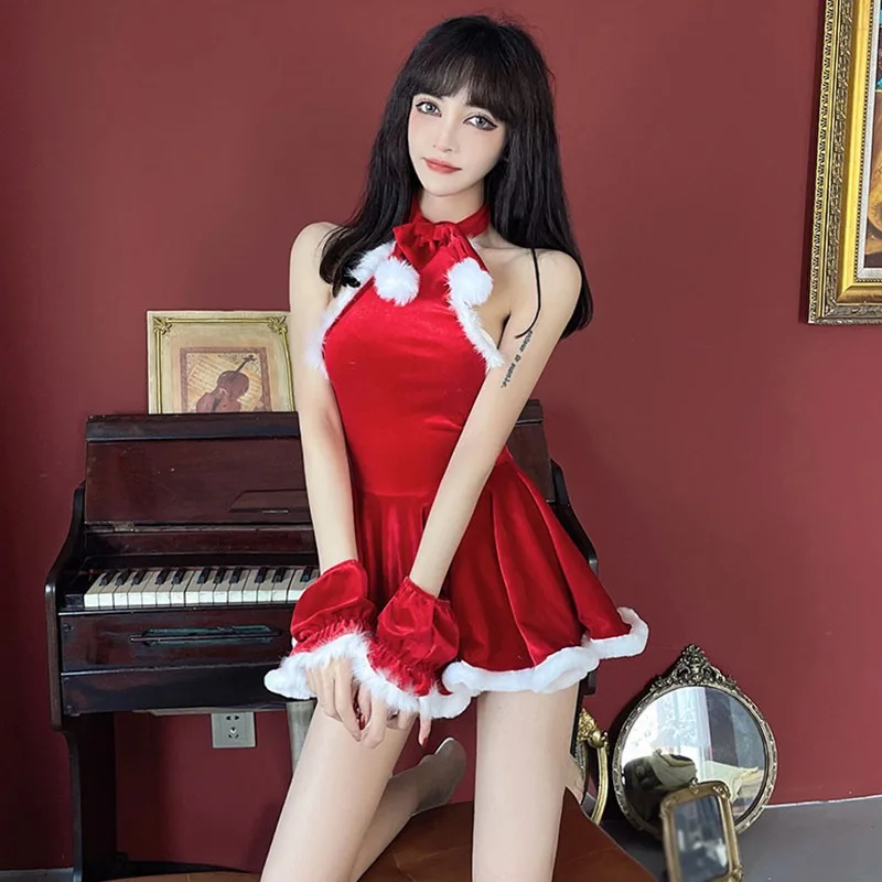 Frauen Weihnachts kleid Flusen Schnürungen schlanke sexy Overs leeve Weihnachts uniform rot