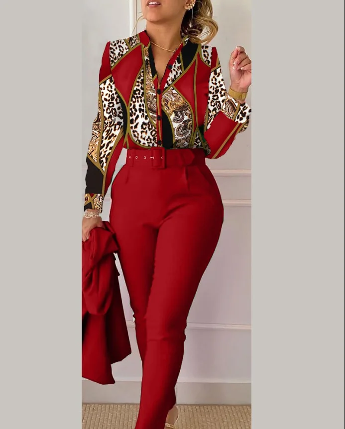 Elegant Long Sleeve Shirt Pants Set Office Lady Spring Autumn V Neck Floral Print Trousers Two Piece Set Women Outfit 2023