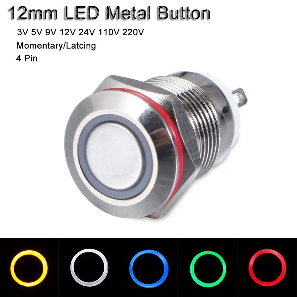 Waterproof 3V 5V 9V 12V 24V 110V 220V ON/OFF Metal Button Switch LED Momentary/Latching 12mm