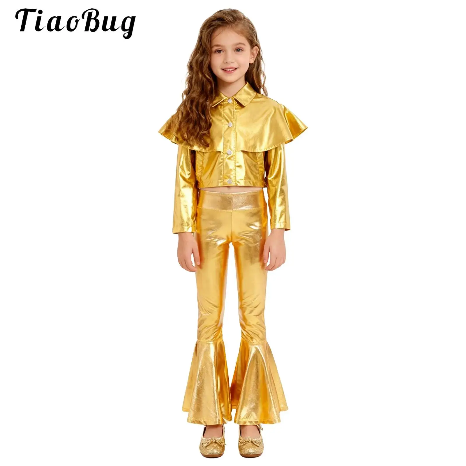 Kids Girls Jazz Dance Outfit Long Sleeve Ruffle Shiny Metallic Jacket with Bell-bottom Pants Set Hip-hop Street Dance Costume