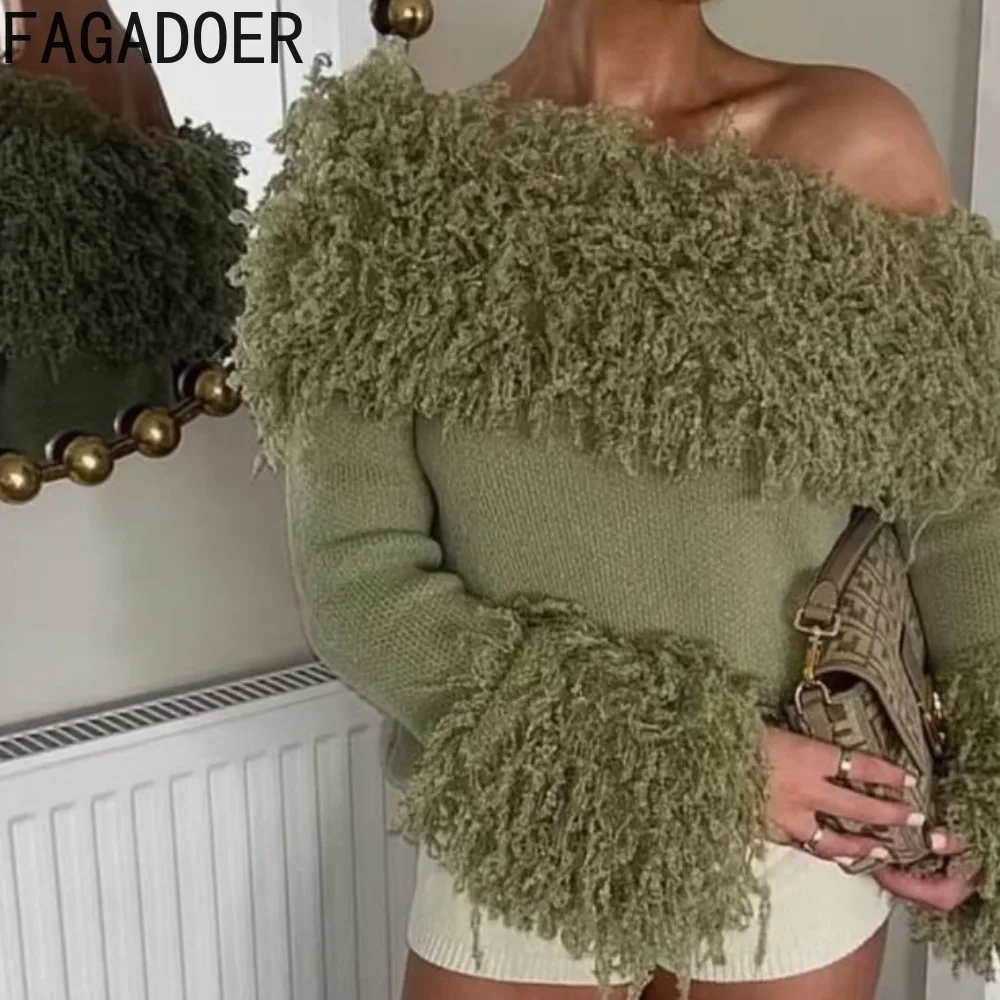 FAGADOER, новый зимний сексуальный вязаный облегающий пуловер с кисточками в стиле пэчворк, женский укороченный топ с длинными рукавами, женская уличная одежда