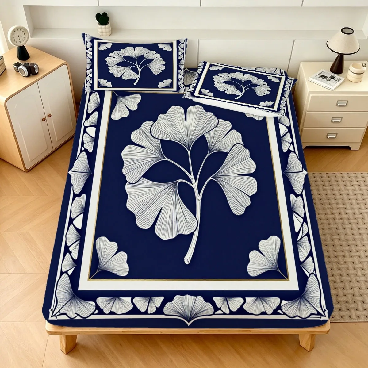 Elegant Ginkgo Leaf 2D Digital Print Three-Piece Bedding Set, Suitable as a Gift, Three-Piece Bedding Set (Includes 1 Fitted Sheet + 2 Pillowcases), Large Capacity Deep Bedding Mattress Protector, Fitted Sheet Style with Elastic Band, Protective Cover, Mattress Protector, Machine Washable Design, Holiday Decoration, Various Sizes, Breathable Protective Cover with Pillowcase
