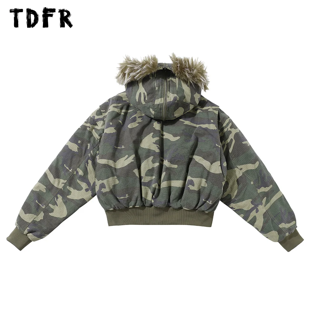 Camuflagem com capuz acolchoado jaqueta masculina botão decoração safari estilo inverno grosso manga longa acolchoado jaqueta masculina