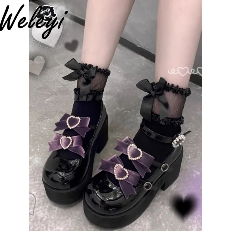 Kawaii Super High Heels Women Jirai Kei Original Lolita Bow Love Heel Japanese Mine Series Sweet Platform Muffin Shoes Female