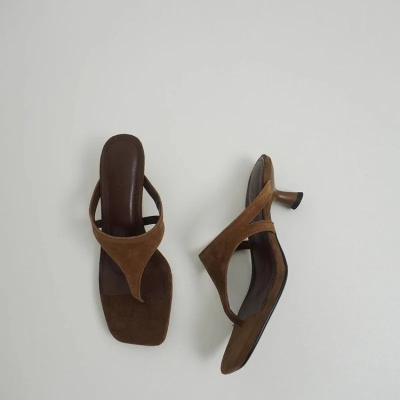 New Women's Simple One Word Strap Slope with Sandals Female Square Head Thin Strap Sexy Temperament High Heels Sandals Slippers