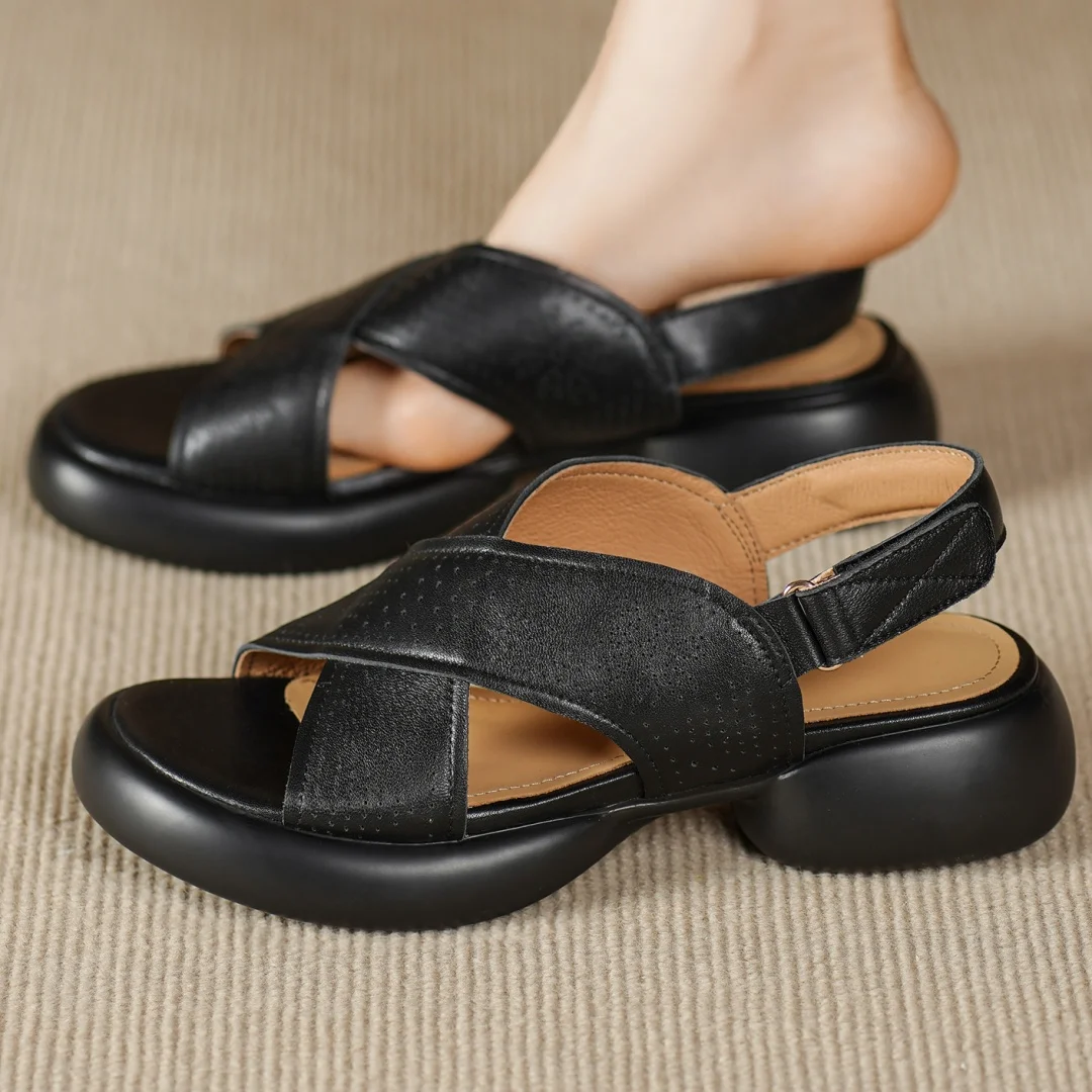 

Женские сандалии на плоской подошве из натуральной кожи с узким ремешком и перекрестным ремешком, с открытым носком и пяткой на толстой подошве, повседневная женская летняя обувь