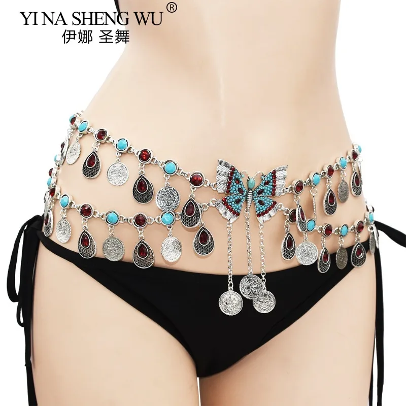 Monedas de aleación Vintage, cadenas largas con borlas para la cintura, accesorios para actuación de danza del vientre, cinturones de danza india, joyería Bohemia Vintage para el cuerpo