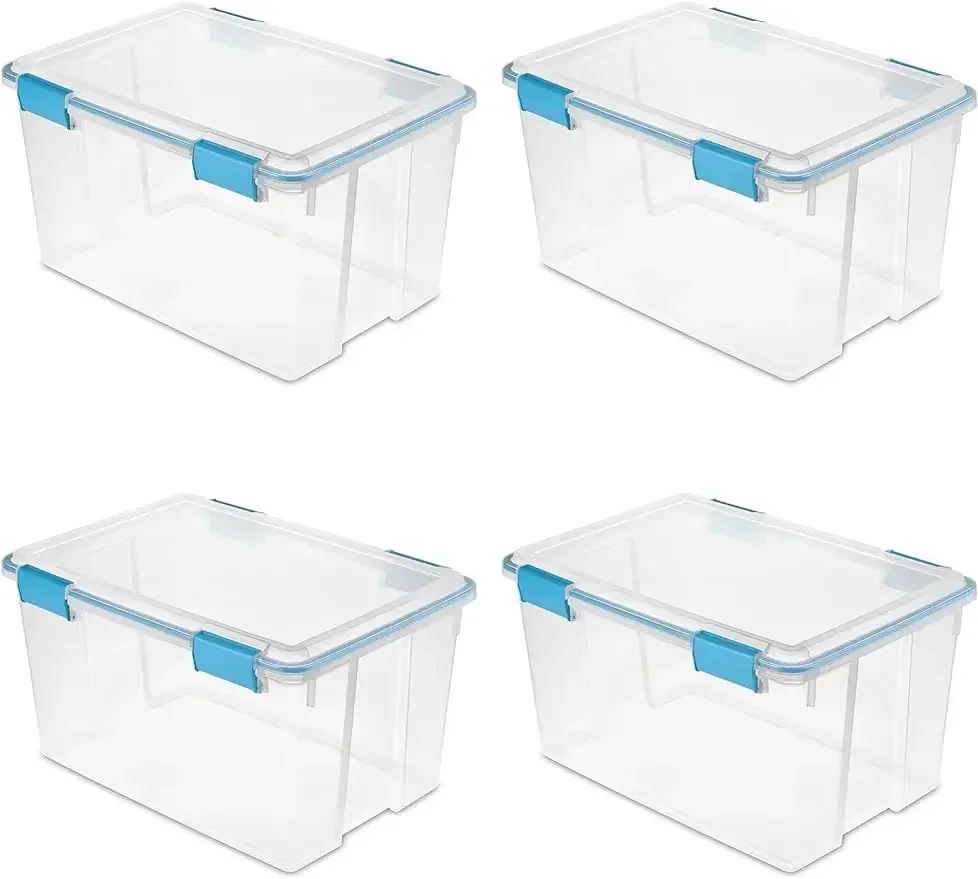 Sterilite 54 Qt Gasket Box, Stackable Storage Bin with Latching Lid and Tight Seal, Clear Base and Lid, 4-Pack