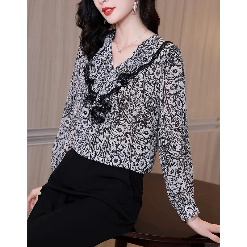 Elegant Vintage Print Chic Ruffle Lace V-Neck Loose Blouses Tops for Women Fashion Commute Loose Long Sleeve Shirts Clothes 2023