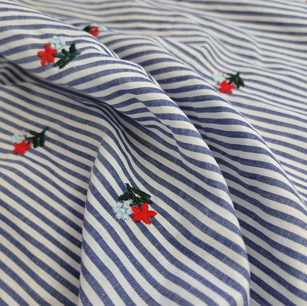 

Newly designed blue striped embroidered floral pure cotton fabric for shirt dresses, women's clothing Home decor DIY fabric